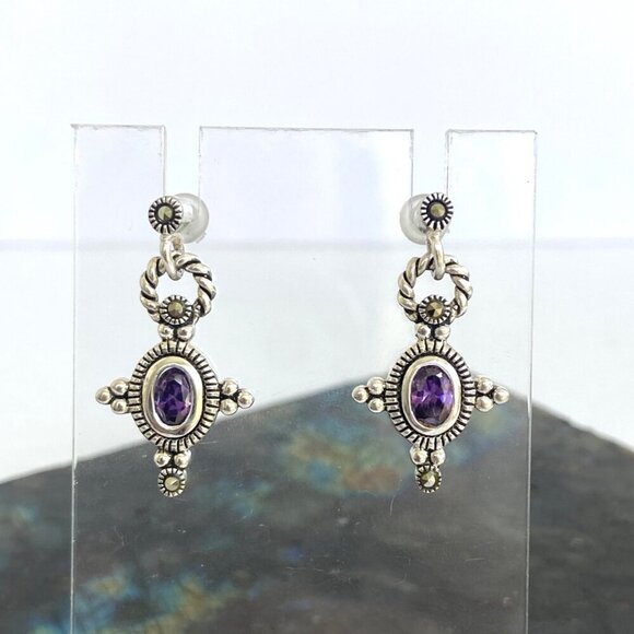 Sterling Silver 925 Oval Purple CZ & Marcasite Rope Accent Dangle Drop Earrings - Picture 11 of 16